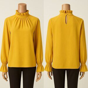 Shein Yellow Top w/ Keyhole Button Long Sleeve Ruffled Cuff And Collar medium